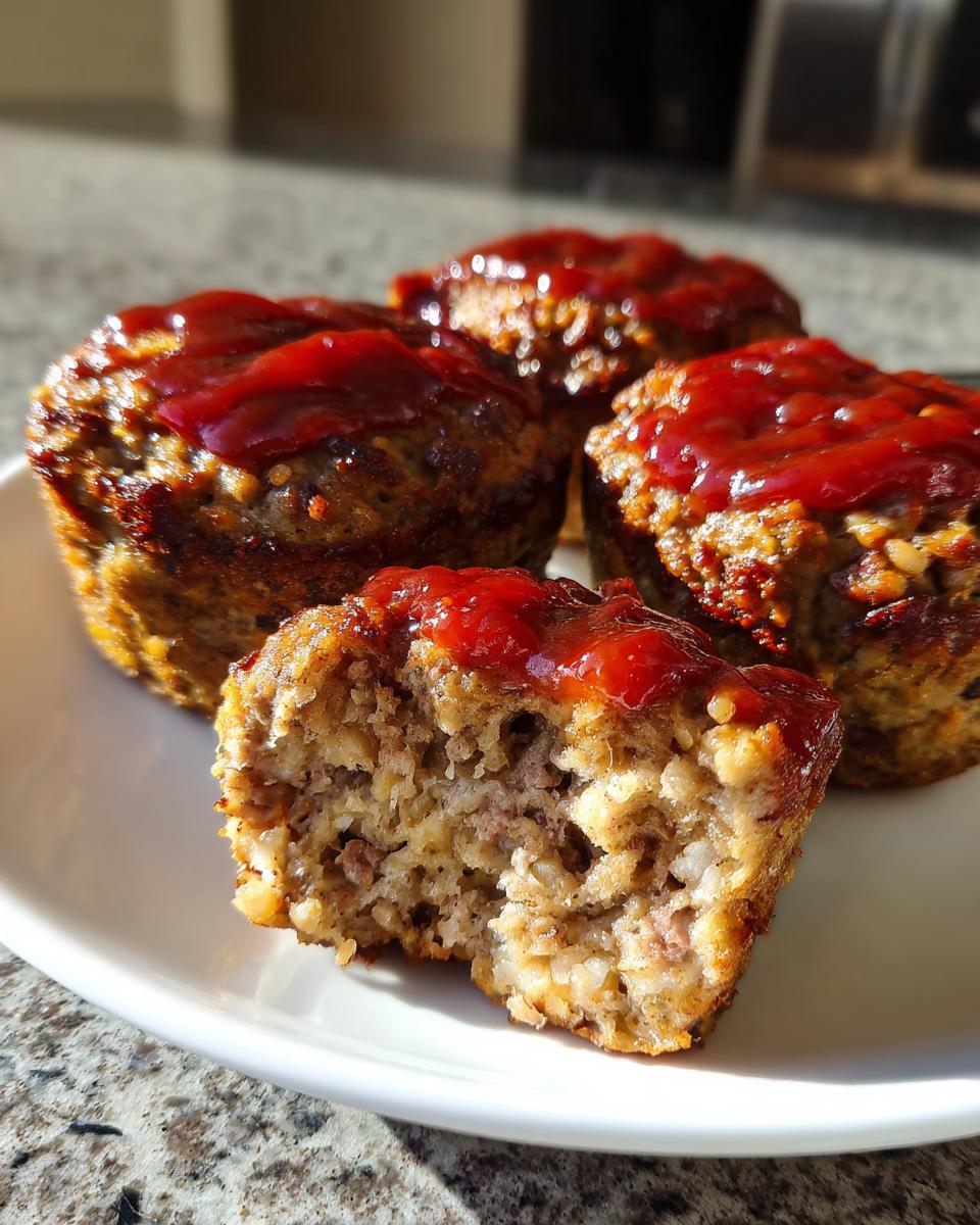 Close-up of a mini meatloaf with a bite taken out, showing the moist interior texture and bright red ketchup topping.