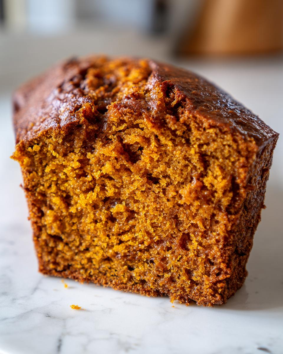 Close-up view showing the moist, dark orange crumb texture of a slice of pumpkin bread.
