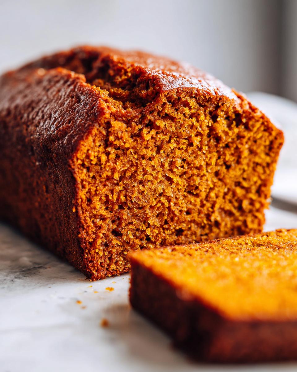 Close-up of a freshly baked loaf of moist pumpkin bread, with one slice cut and resting in front.