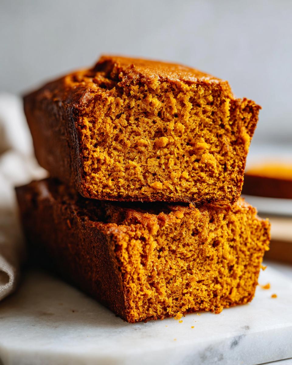 Two stacked, cut halves of moist pumpkin bread showing the rich orange crumb texture.