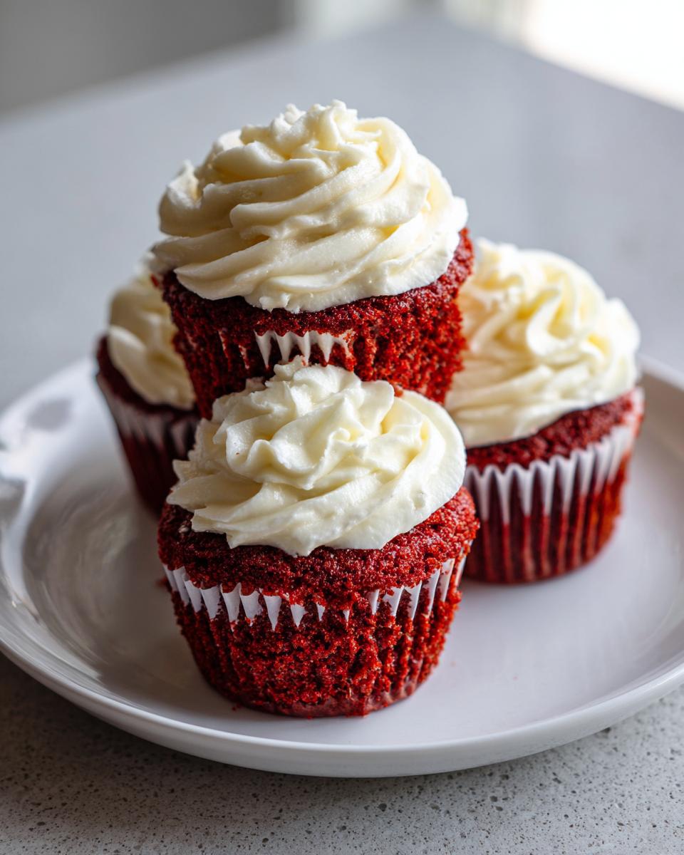 A close-up of four perfectly baked red velvet cupcakes topped with thick swirls of white cream cheese frosting.