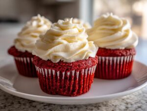 Close-up of three vibrant red velvet cupcakes topped with swirls of white cream cheese frosting.