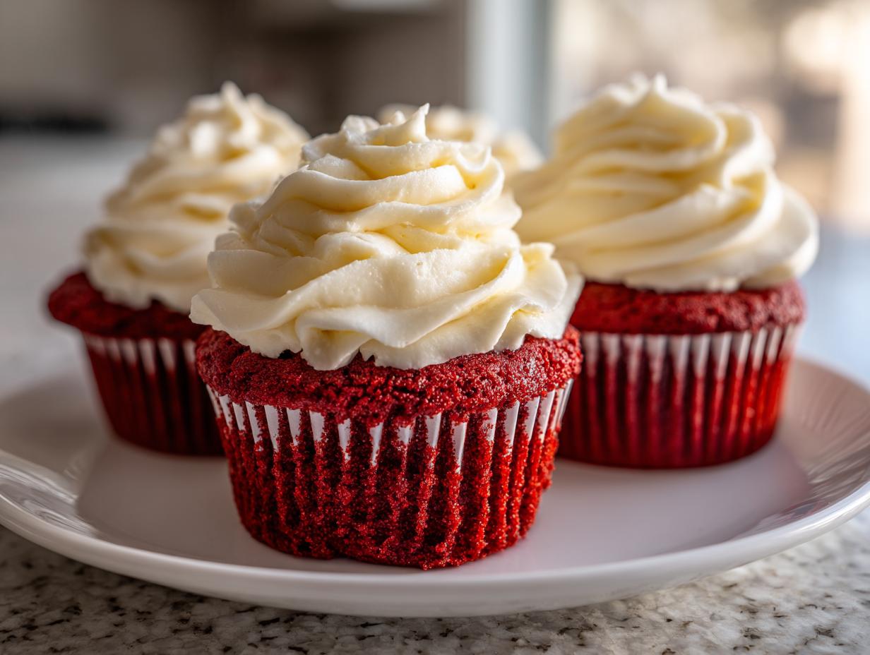 Close-up of three vibrant red velvet cupcakes topped with swirls of white cream cheese frosting.