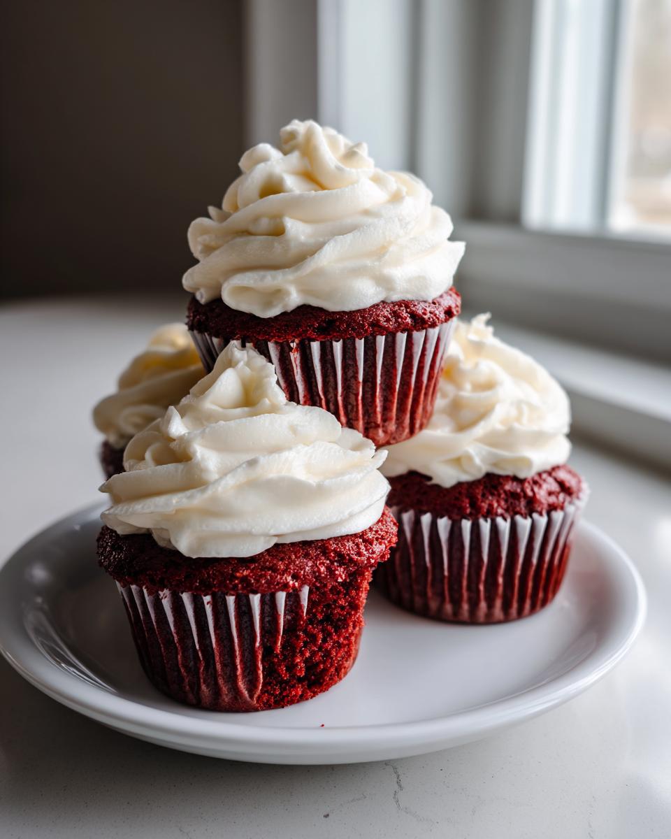 A stack of moist red velvet cupcakes topped with thick swirls of white cream cheese frosting on a white plate.