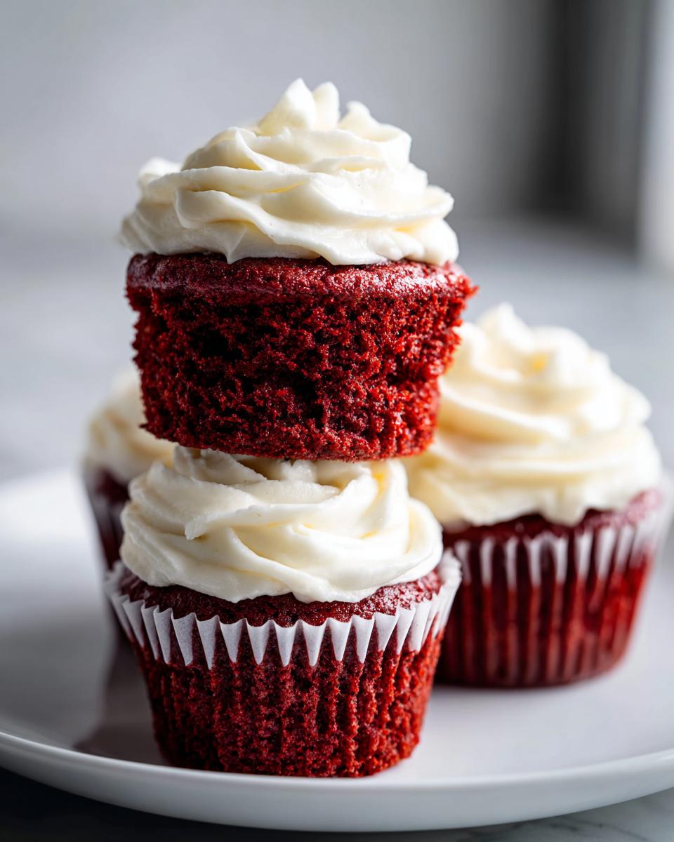 A close-up stack of two moist red velvet cupcakes topped with thick swirls of white cream cheese frosting.