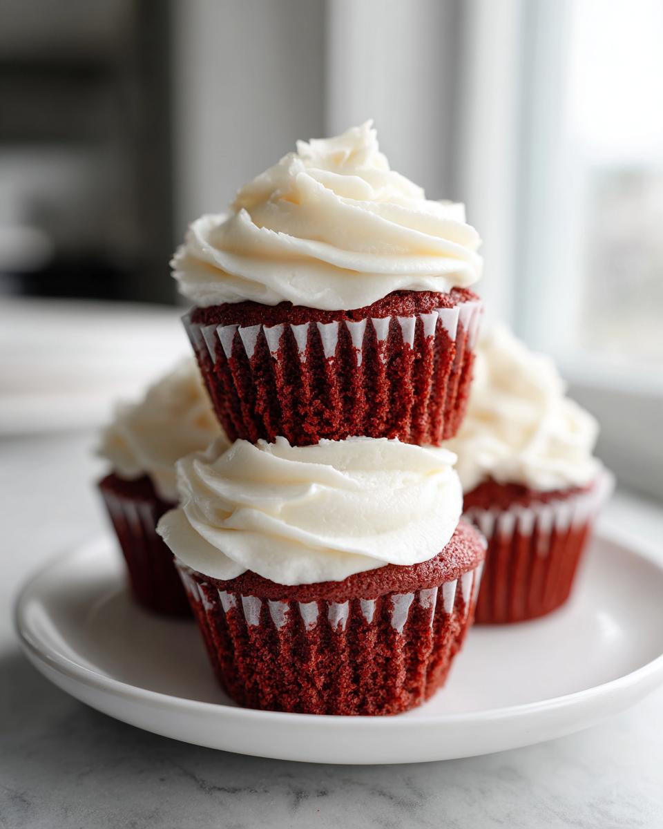 A stack of two moist red velvet cupcakes topped with thick swirls of white cream cheese frosting on a white plate.