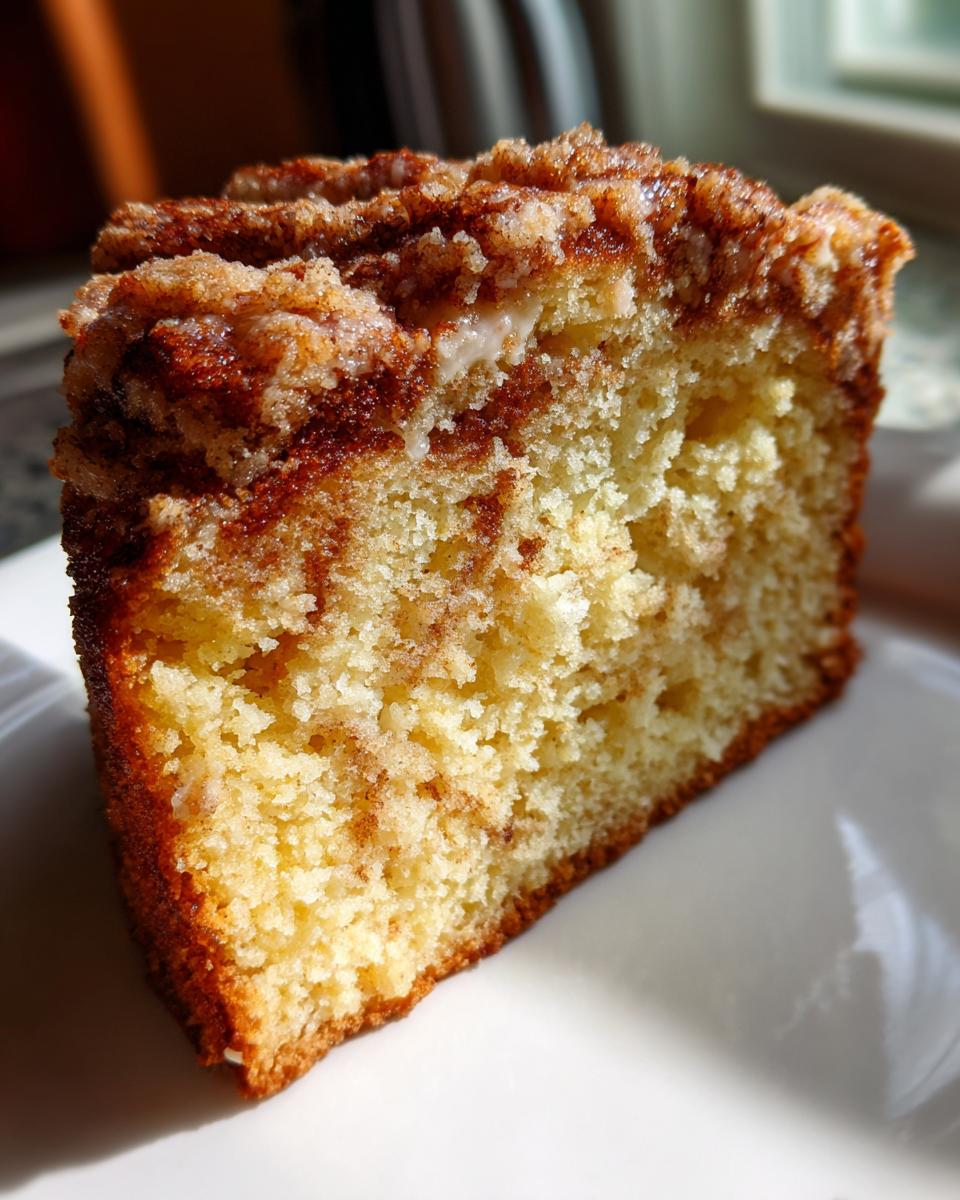 Close-up of a moist slice of coffee cake showing the yellow crumb and thick cinnamon streusel topping.