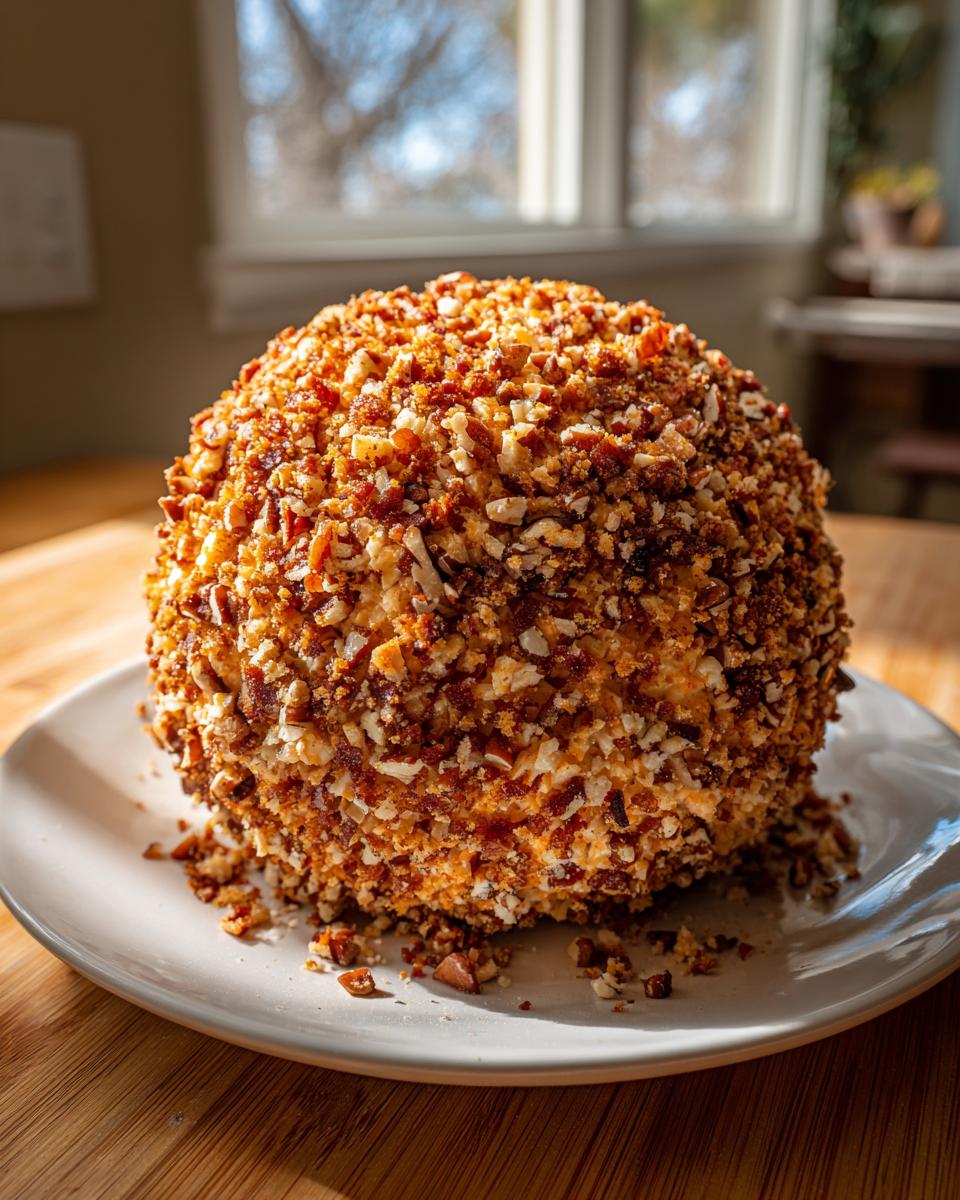 A large, round cheese ball recipe coated entirely in chopped toasted nuts, resting on a white plate.