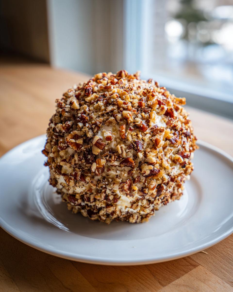A perfectly formed cheese ball recipe coated entirely in chopped pecans, sitting on a white plate.