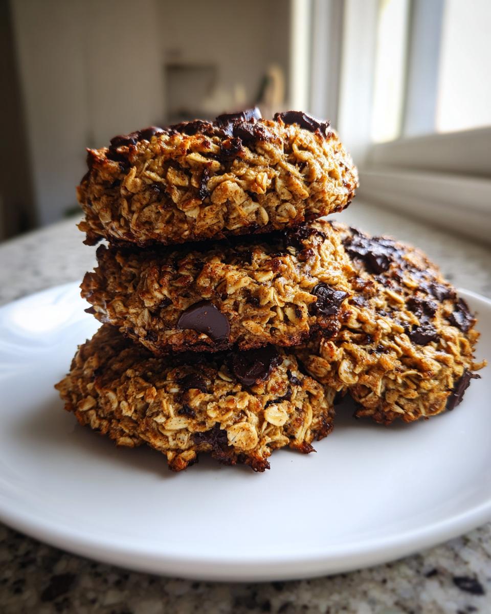 A stack of four homemade, oat-based breakfast cookie treats studded with melted chocolate chips, resting on a white plate.