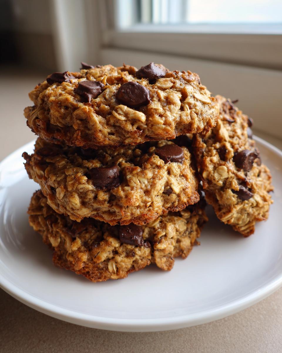 A stack of four golden brown, oatmeal-based breakfast cookie treats loaded with chocolate chips, resting on a white plate.