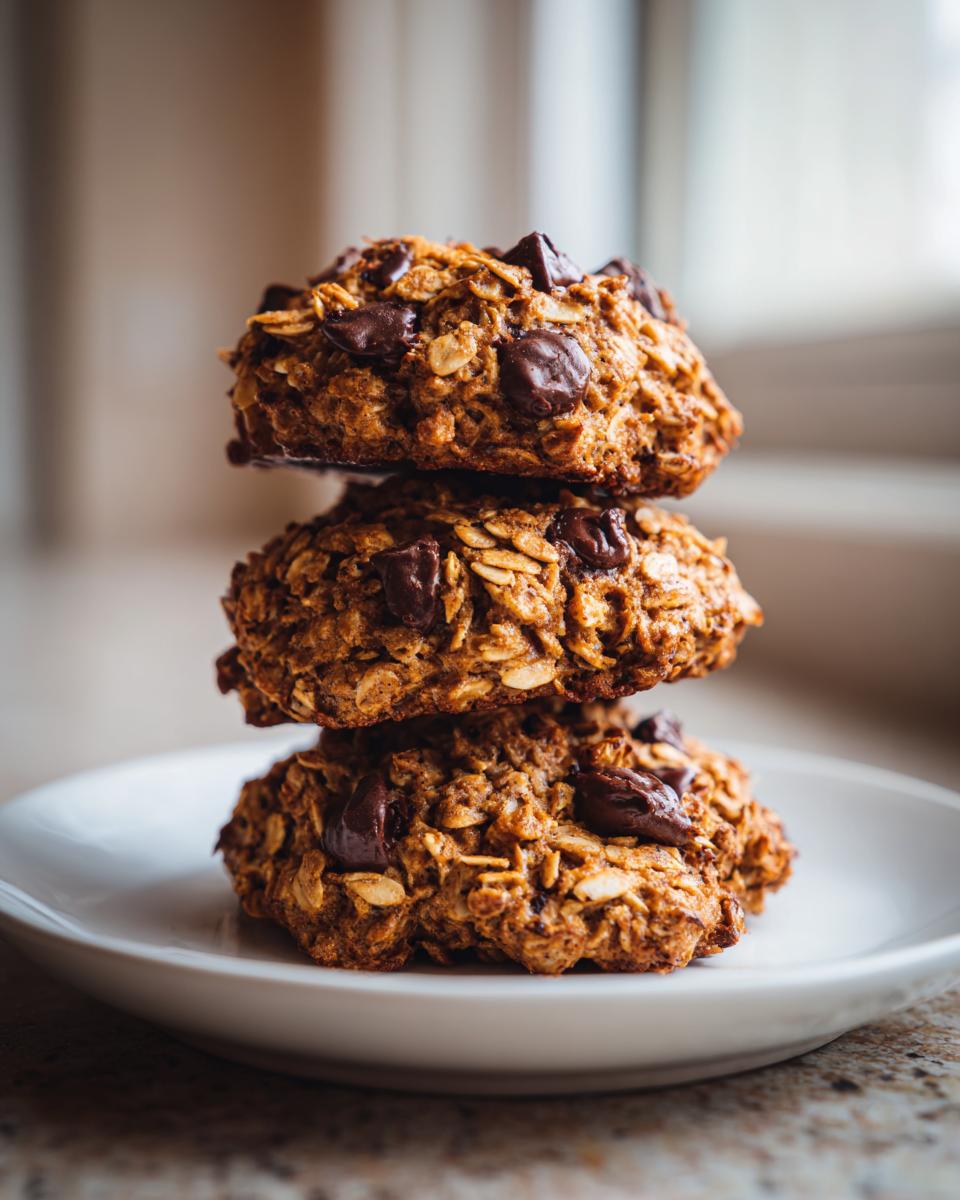 Three chocolate chip oatmeal breakfast cookies stacked on a white plate.