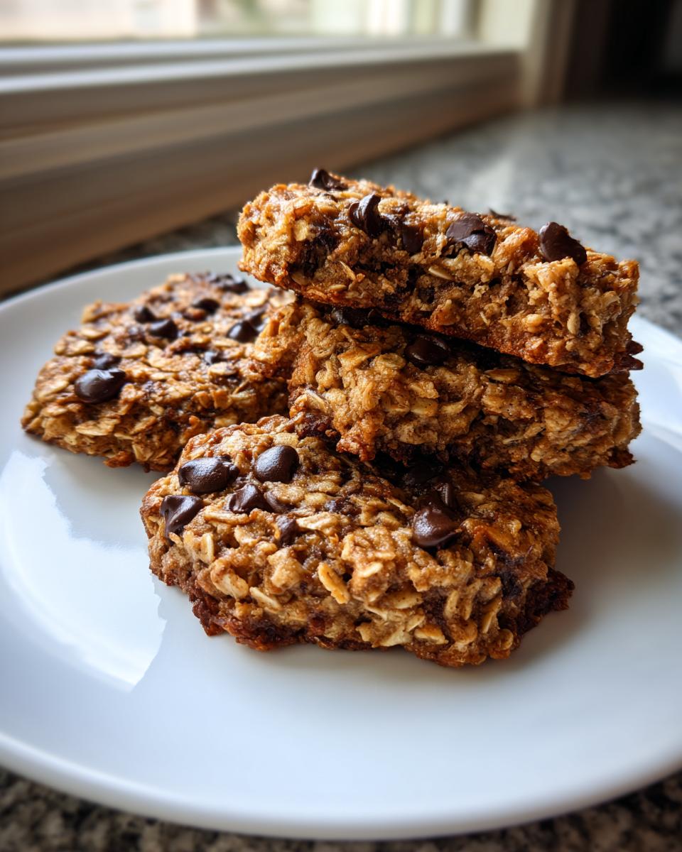 A stack of four chewy, oatmeal-based breakfast cookie bars studded with chocolate chips, resting on a white plate.