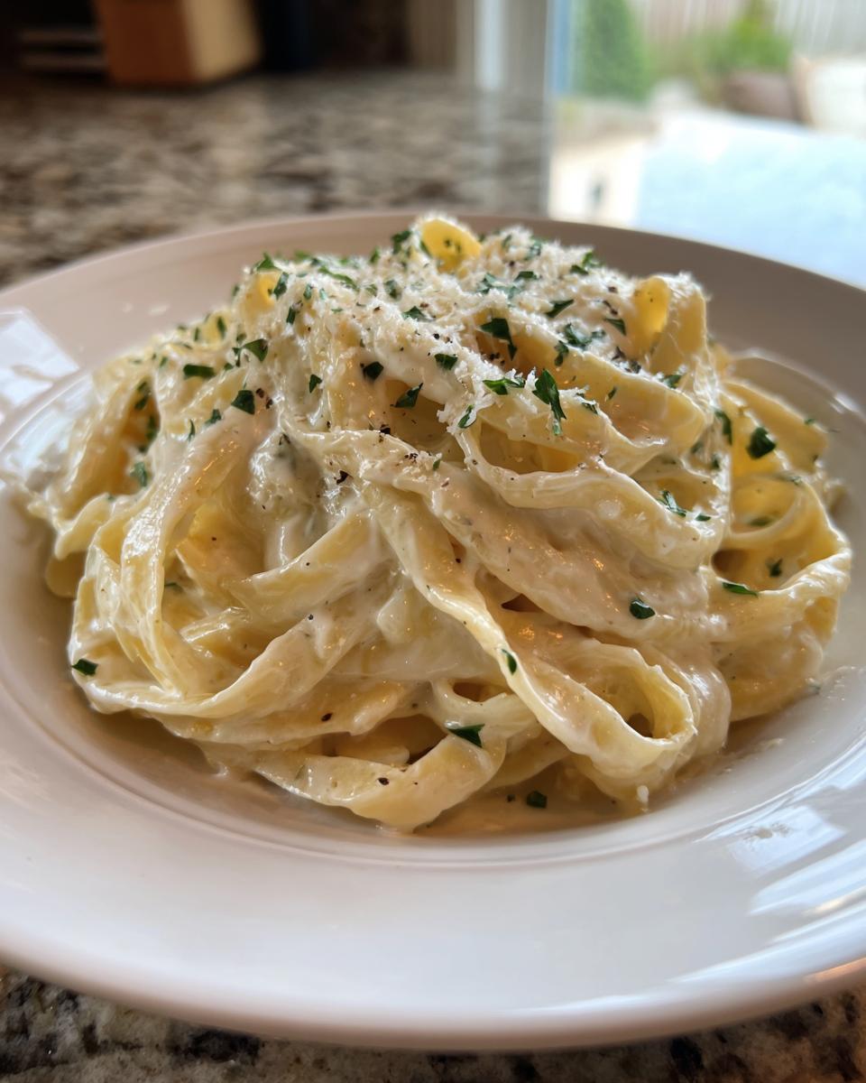 A close-up of fettuccine pasta coated in creamy Olive Garden Alfredo Sauce, topped with Parmesan and parsley.