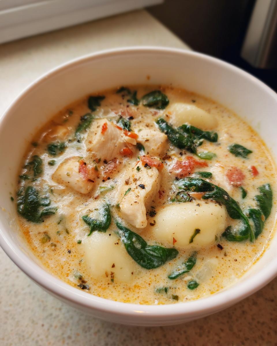 A close-up of a white bowl filled with creamy Olive Garden Chicken Gnocchi Soup, featuring chicken, spinach, and soft gnocchi.