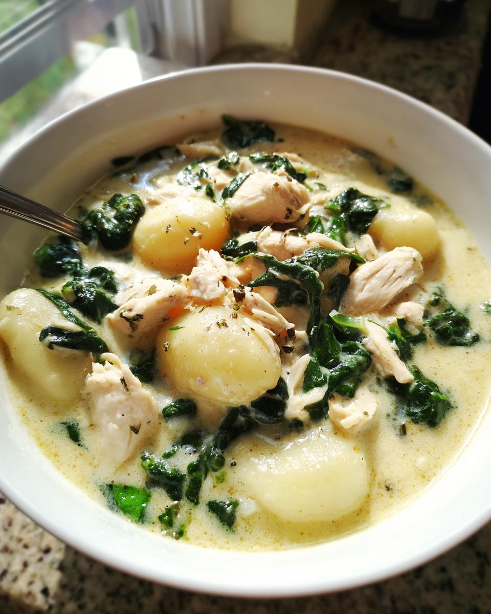 Close-up of a white bowl filled with creamy olive garden chicken gnocchi soup, featuring plump gnocchi, shredded chicken, and spinach.