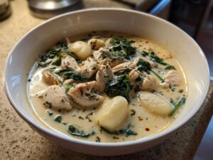 A close-up of a bowl of creamy olive garden chicken gnocchi soup with chunks of chicken, spinach, and soft gnocchi.