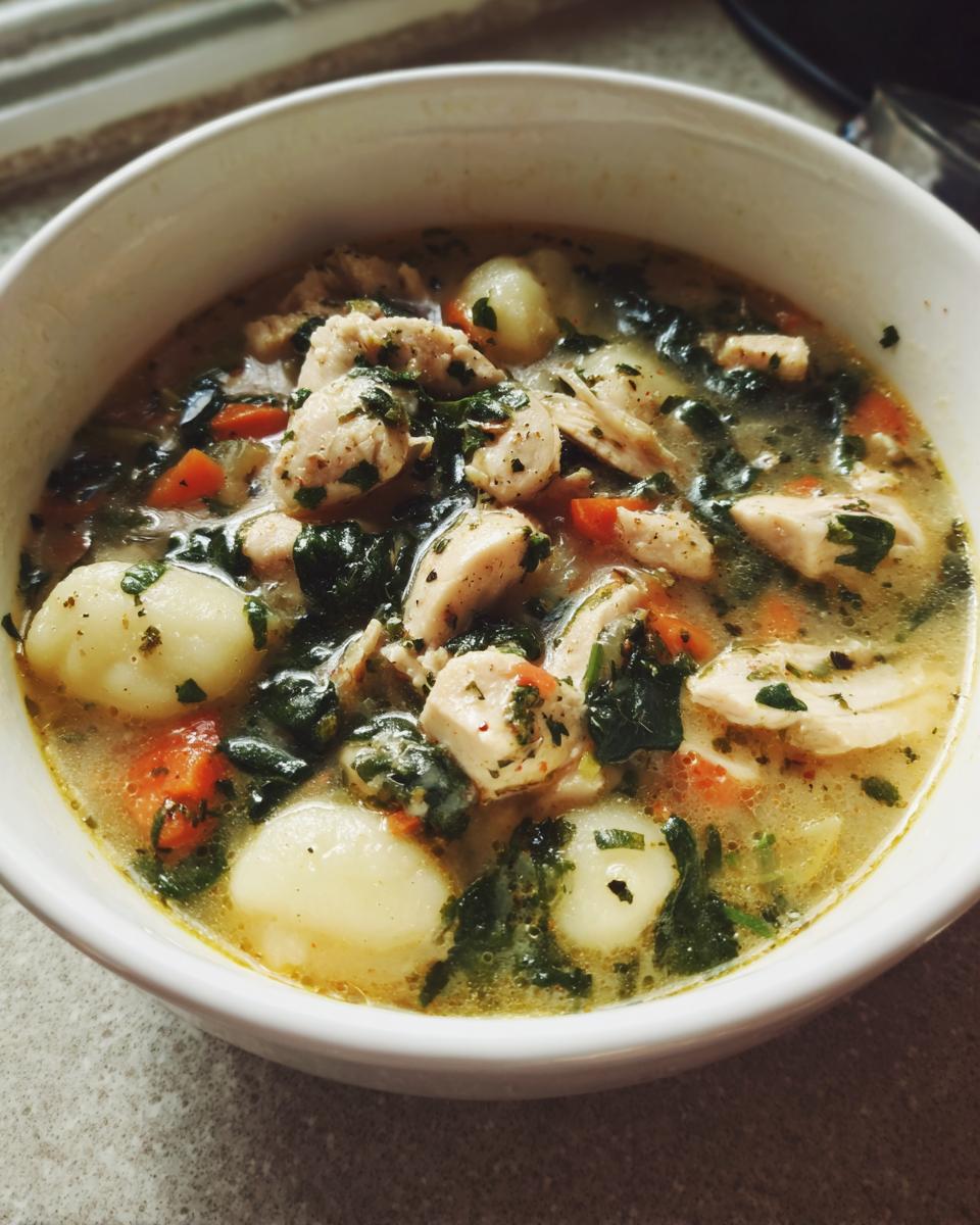 Close-up of a white bowl filled with homemade olive garden chicken gnocchi soup, featuring chicken, gnocchi, spinach, and carrots.