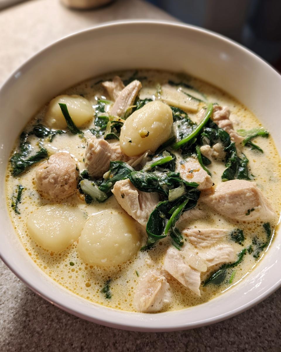 Close-up of a bowl of homemade olive garden chicken gnocchi soup with chunks of chicken, soft gnocchi, and wilted spinach in a creamy broth.