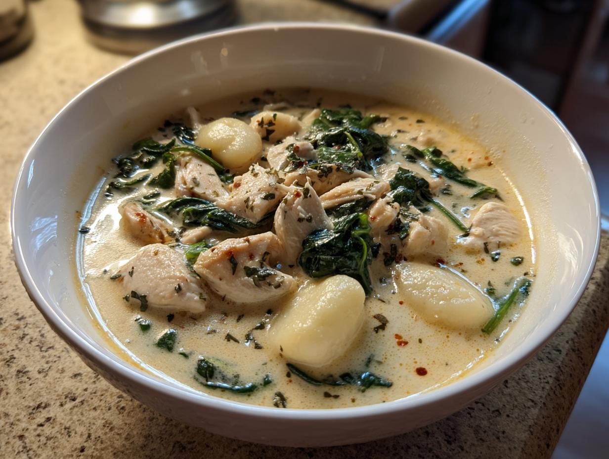 A close-up of a bowl of creamy olive garden chicken gnocchi soup with chunks of chicken, spinach, and soft gnocchi.