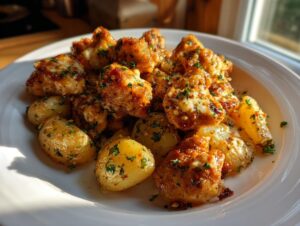 Close-up of golden brown garlic parmesan chicken and potatoes served on a white plate, garnished with parsley.