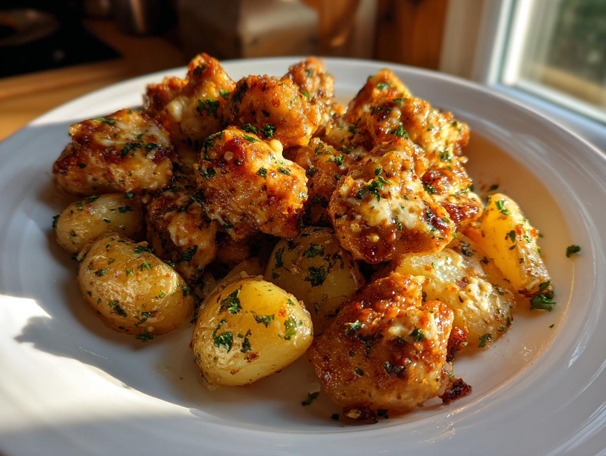 Close-up of golden brown garlic parmesan chicken and potatoes served on a white plate, garnished with parsley.