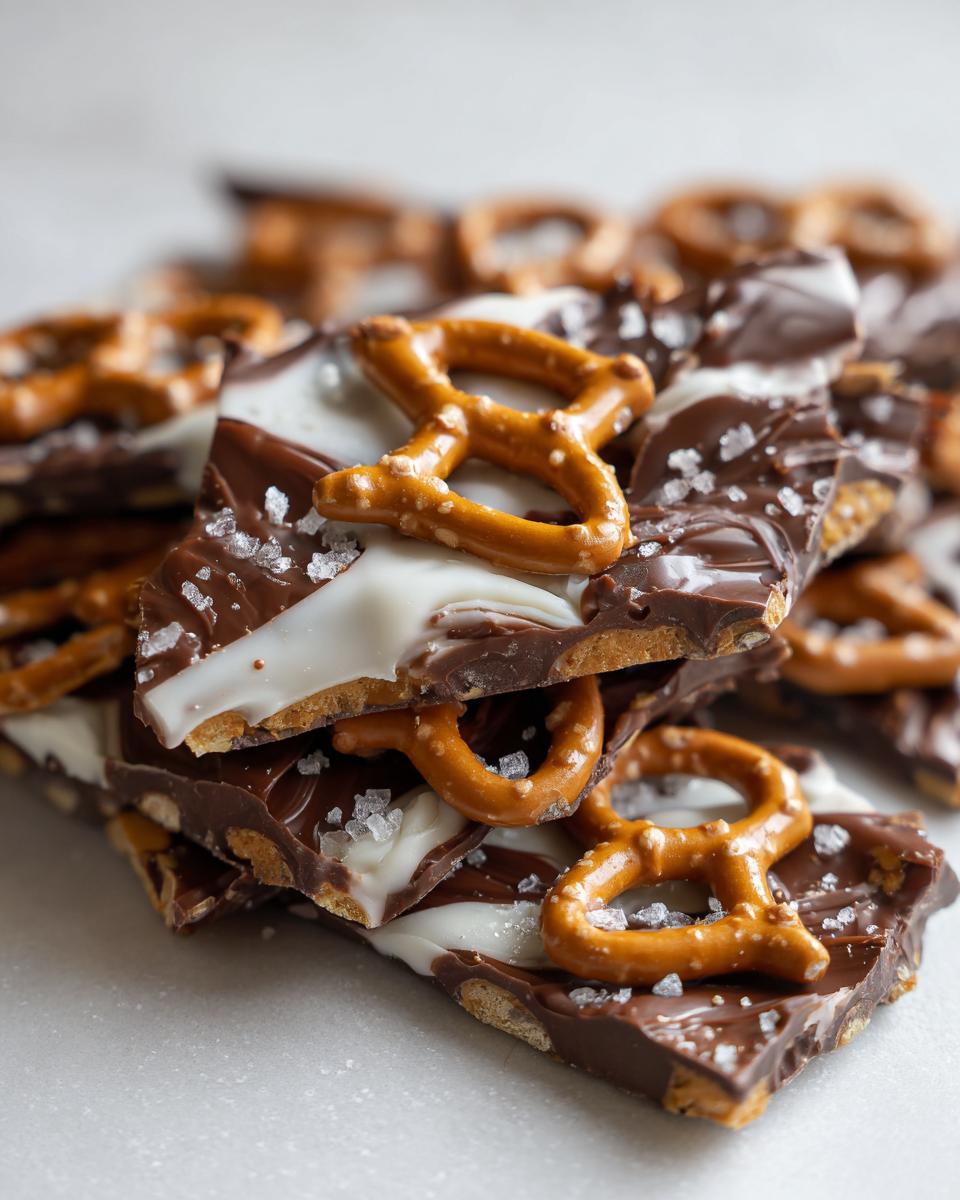 A stack of broken pieces of peanut butter pretzel bark featuring dark chocolate, white chocolate swirls, and whole pretzels topped with flaky sea salt.