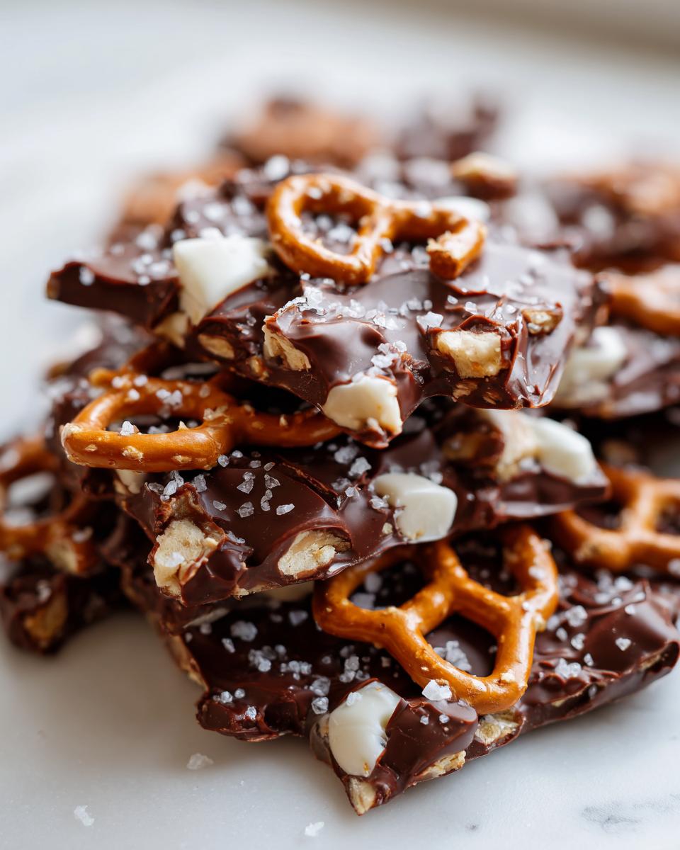 A stack of broken pieces of rich peanut butter pretzel bark topped with mini pretzels, white chocolate chunks, and flaky sea salt.