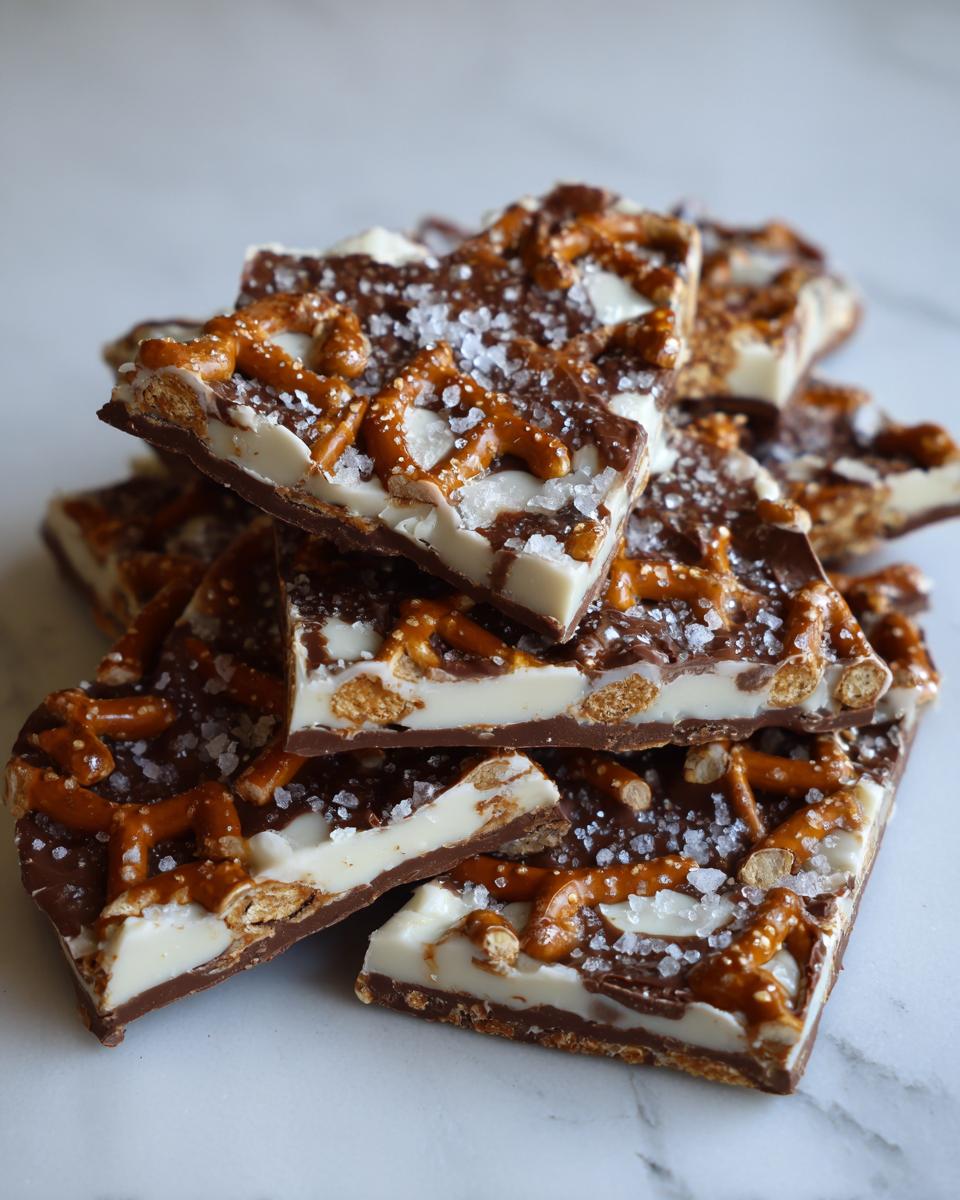 A stack of rich peanut butter pretzel bark pieces featuring layers of dark chocolate, white filling, pretzels, and sea salt.
