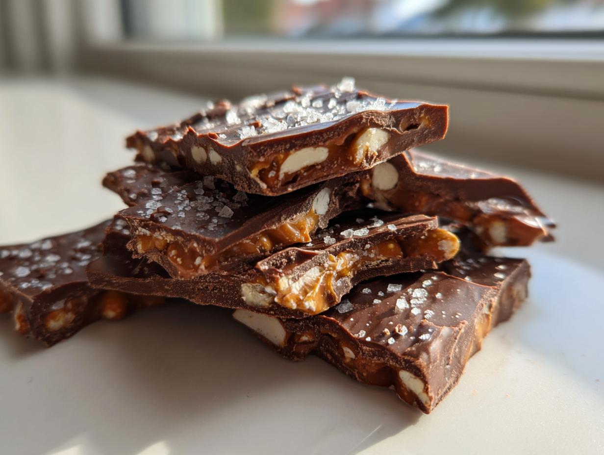 Close-up of stacked pieces of rich peanut butter pretzel bark topped with flaky sea salt.