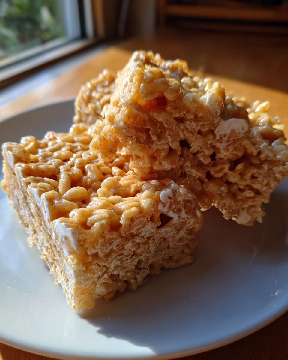 Three gooey squares of homemade peanut butter rice krispie treats stacked slightly on a white plate.