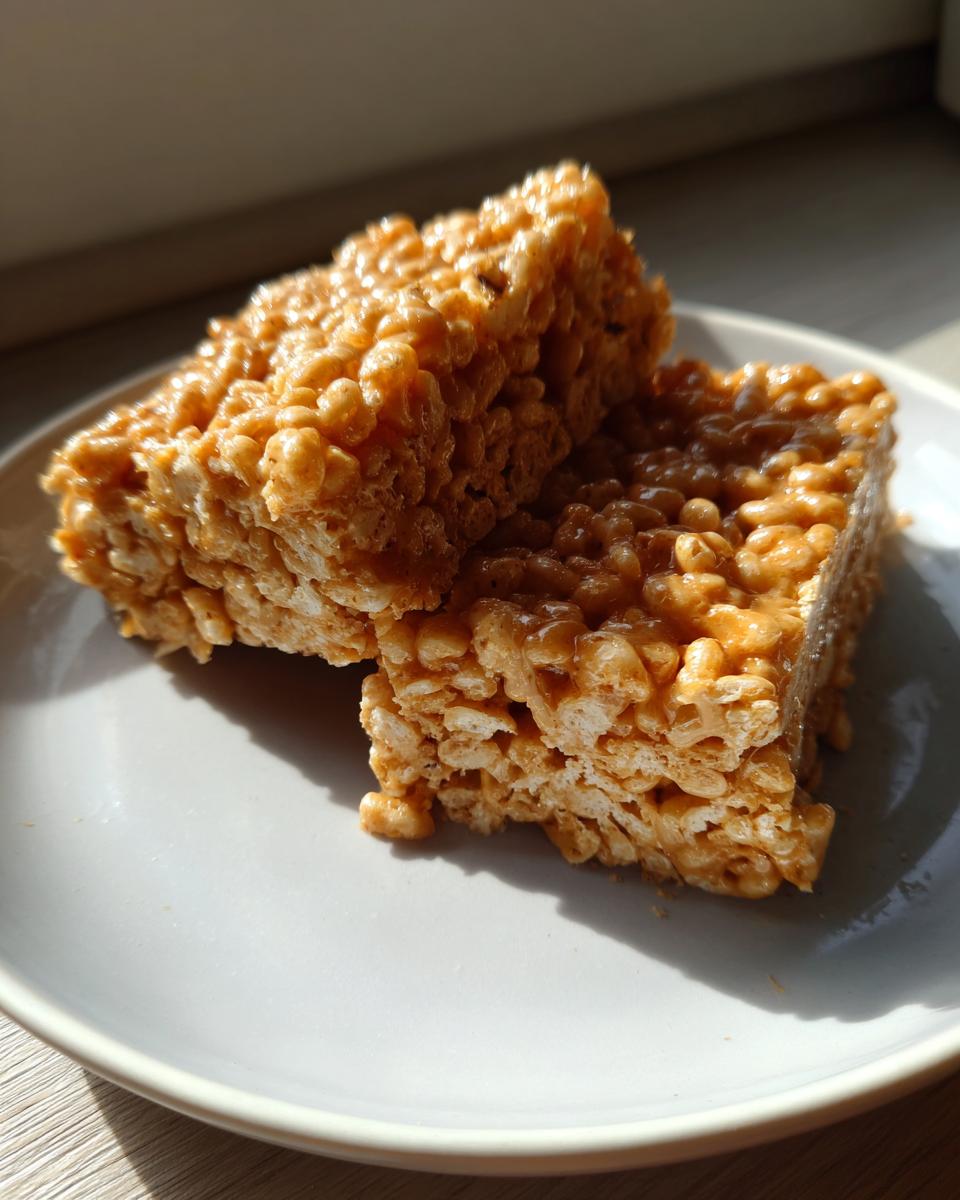 Two golden brown peanut butter rice krispie treats squares stacked slightly on a light gray plate.