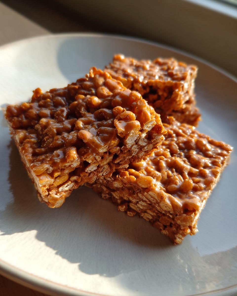 Three squares of gooey, glossy peanut butter rice krispie treats stacked on a light plate.