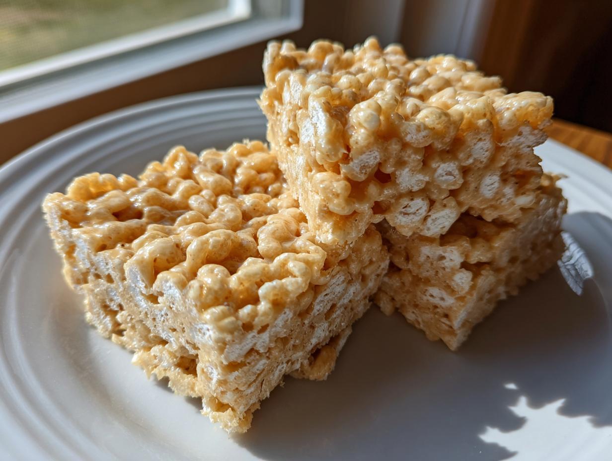 Three thick squares of gooey peanut butter rice krispie treats stacked slightly on a white plate near a window.