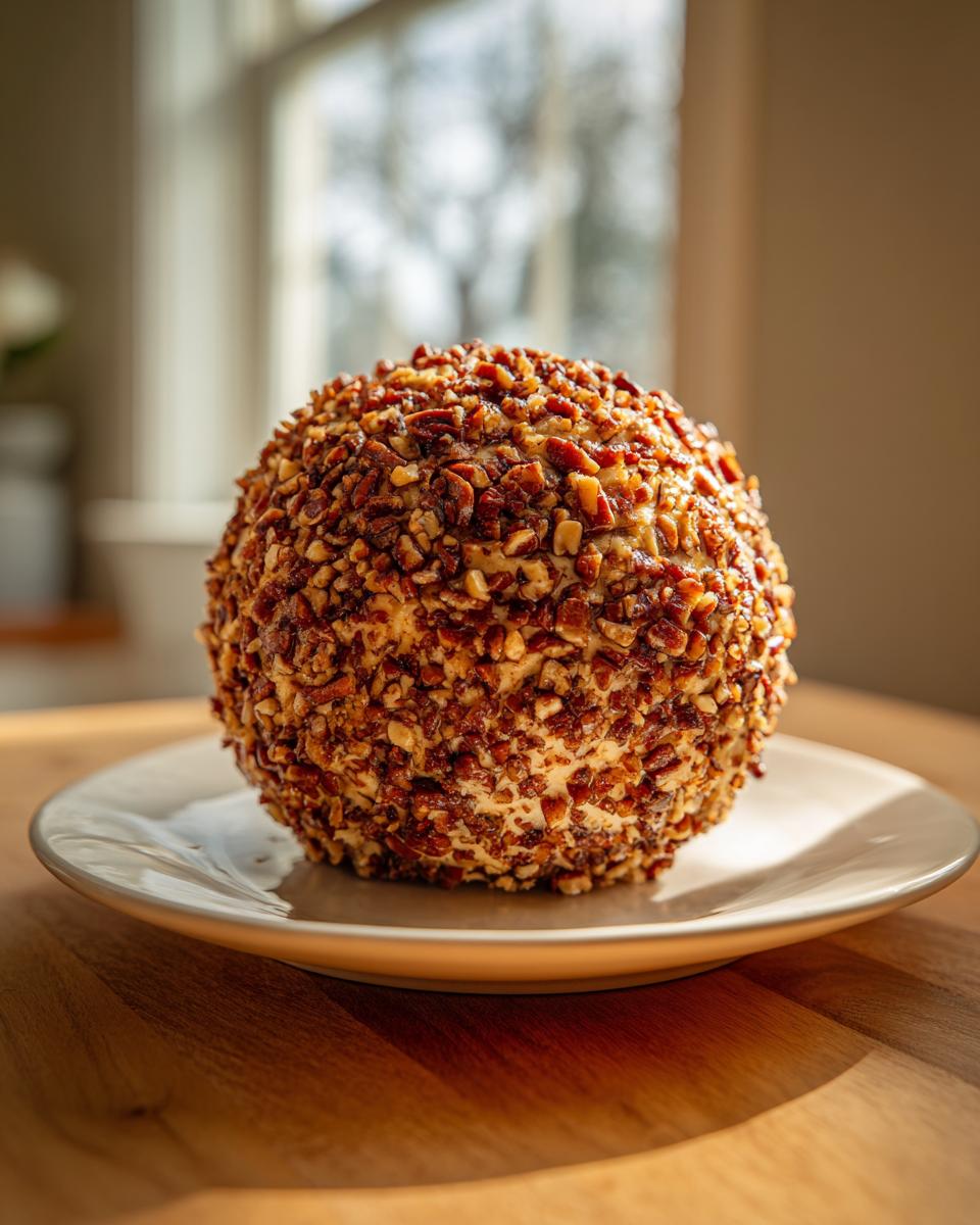 A perfectly round cheese ball recipe coated entirely in chopped pecans, sitting on a small plate.