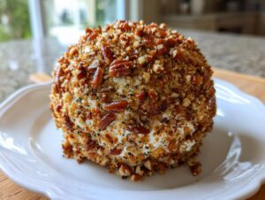 A beautiful, round cheese ball recipe coated entirely in chopped pecans and herbs, sitting on a white scalloped plate.