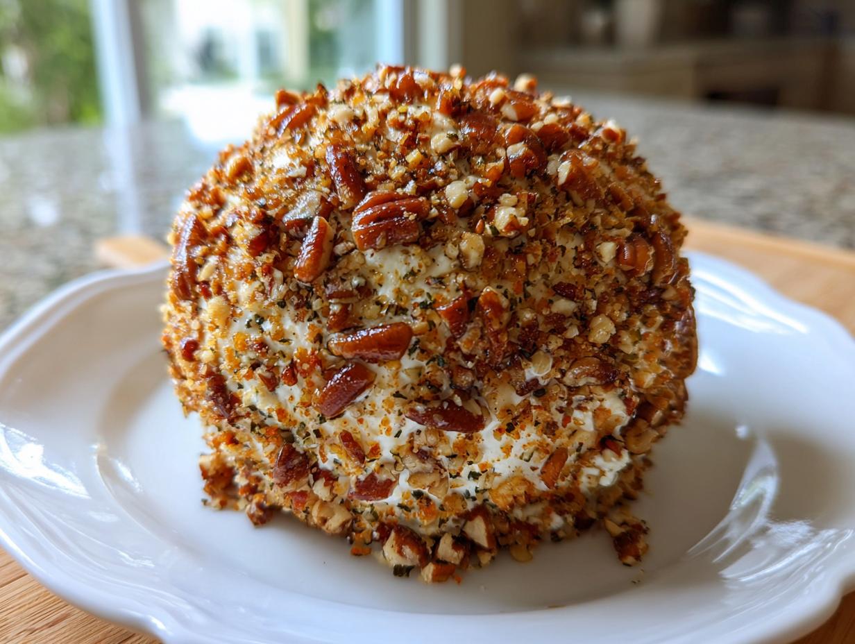 A beautiful, round cheese ball recipe coated entirely in chopped pecans and herbs, sitting on a white scalloped plate.