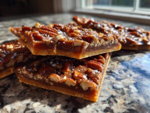 Close-up of stacked squares of Amazing Pecan Pie Bark, showing a thick caramel layer topped with pecans and sea salt.