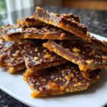 A close-up stack of broken pieces of rich Pecan Pie Bark featuring chocolate, caramel, and chopped pecans.