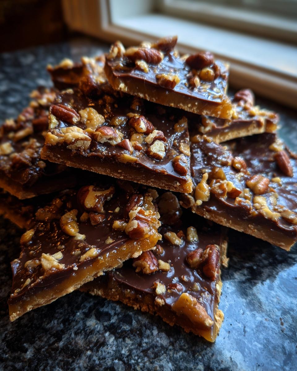 A stack of freshly cut Pecan Pie Bark pieces topped with melted chocolate and chopped pecans.