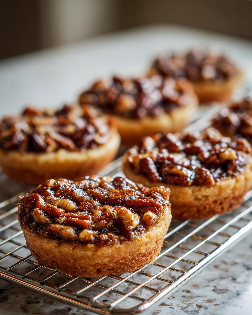Close-up of freshly baked pecan pie cookies with gooey pecan topping cooling on a wire rack.