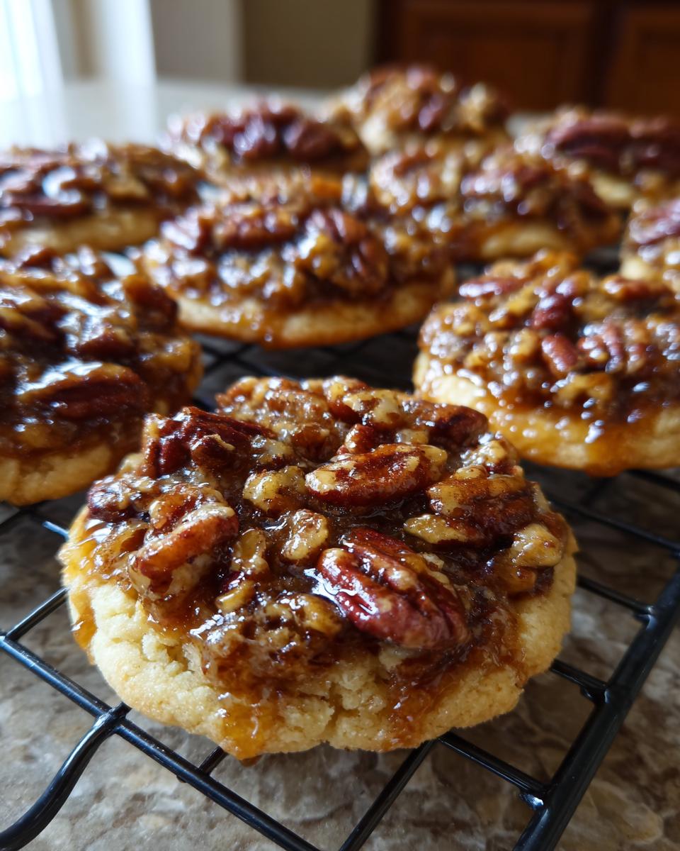 Close-up of freshly baked pecan pie cookies with gooey caramel topping cooling on a black wire rack.