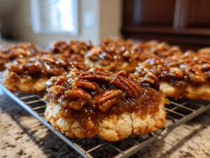 Close-up of a freshly baked pecan pie cookie with a gooey caramel topping and whole pecans resting on a wire cooling rack.