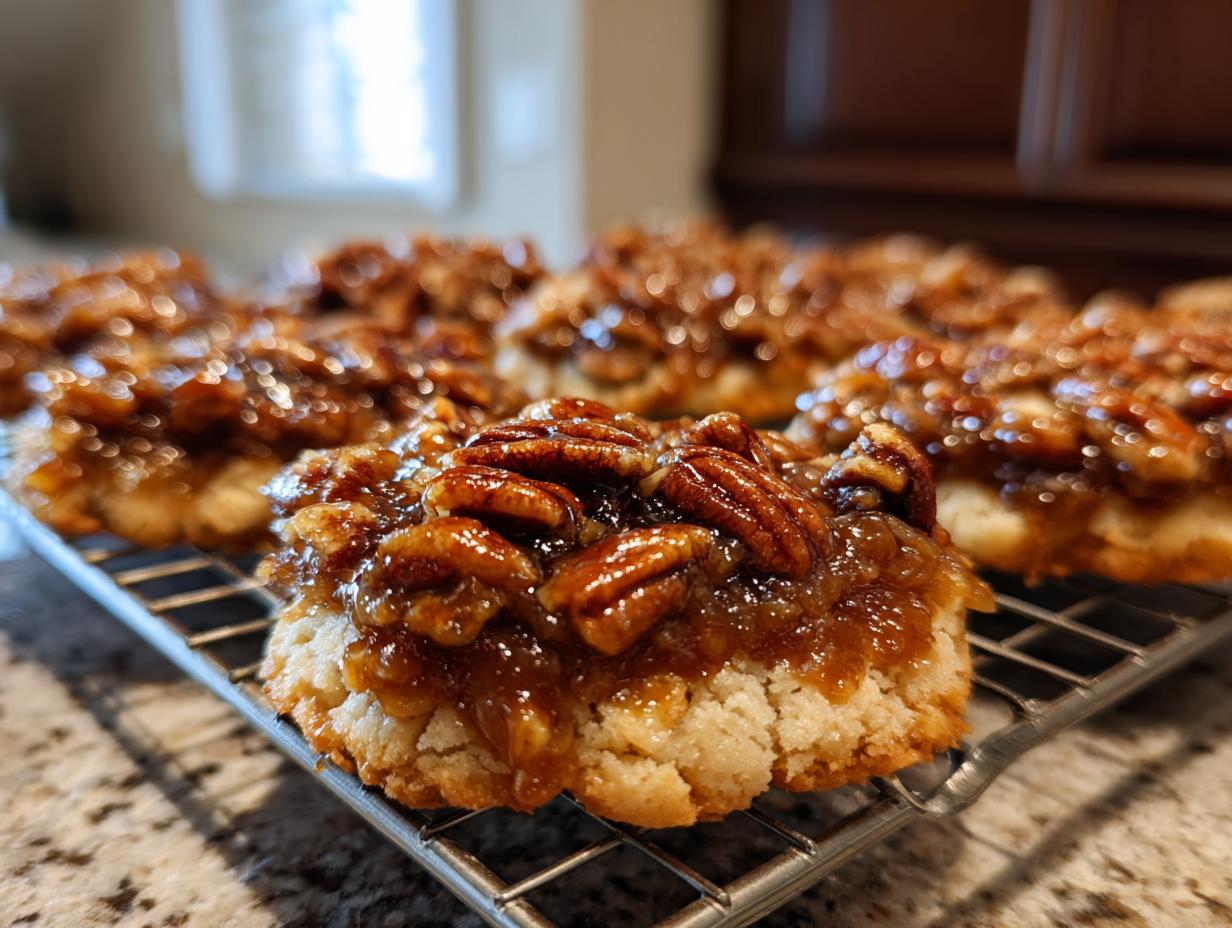 Close-up of a freshly baked pecan pie cookie with a gooey caramel topping and whole pecans resting on a wire cooling rack.