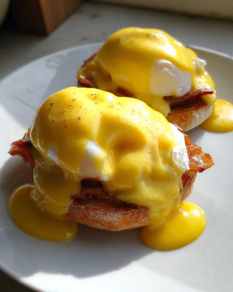 Two servings of classic eggs benedict, featuring poached eggs smothered in hollandaise sauce, resting on English muffins and bacon.