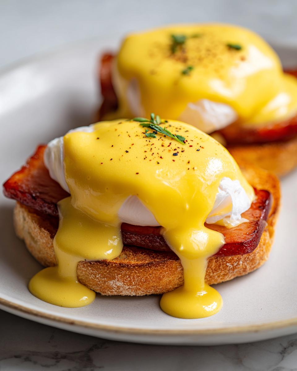 Close-up of two servings of eggs benedict featuring poached eggs, ham, and rich hollandaise sauce dripping down toasted English muffin.