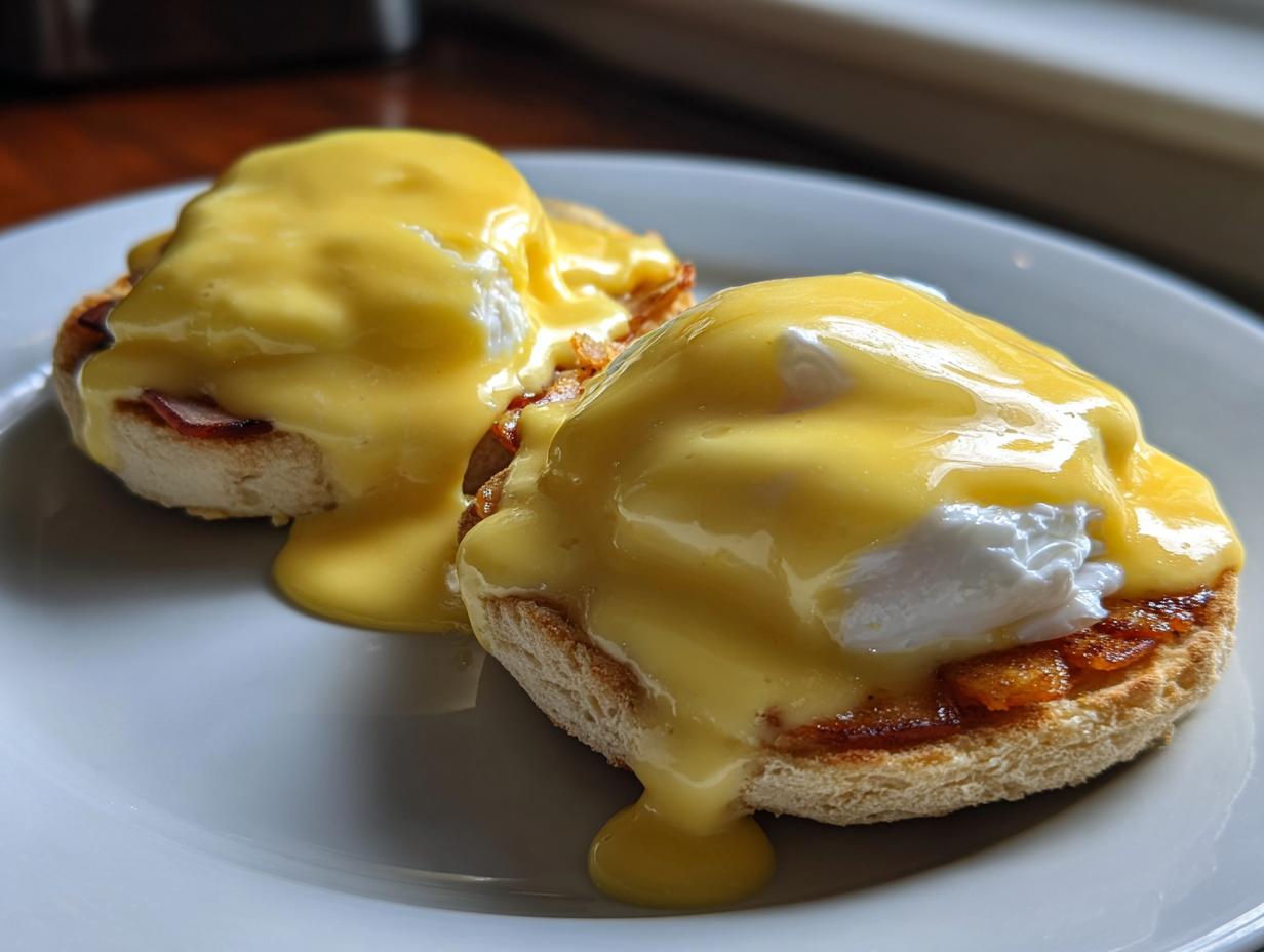 Close-up of two servings of eggs benedict on toasted English muffins, smothered in rich hollandaise sauce.