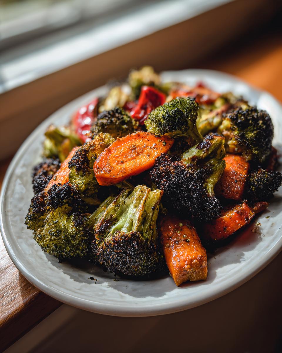 Close-up of perfectly roasted vegetables, including charred broccoli florets and bright orange carrots, seasoned on a white plate.