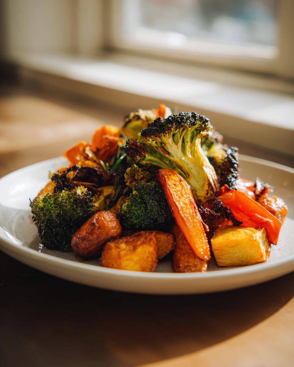 A close-up of beautifully caramelized roasted vegetables, including broccoli, carrots, and potatoes, served on a white plate.