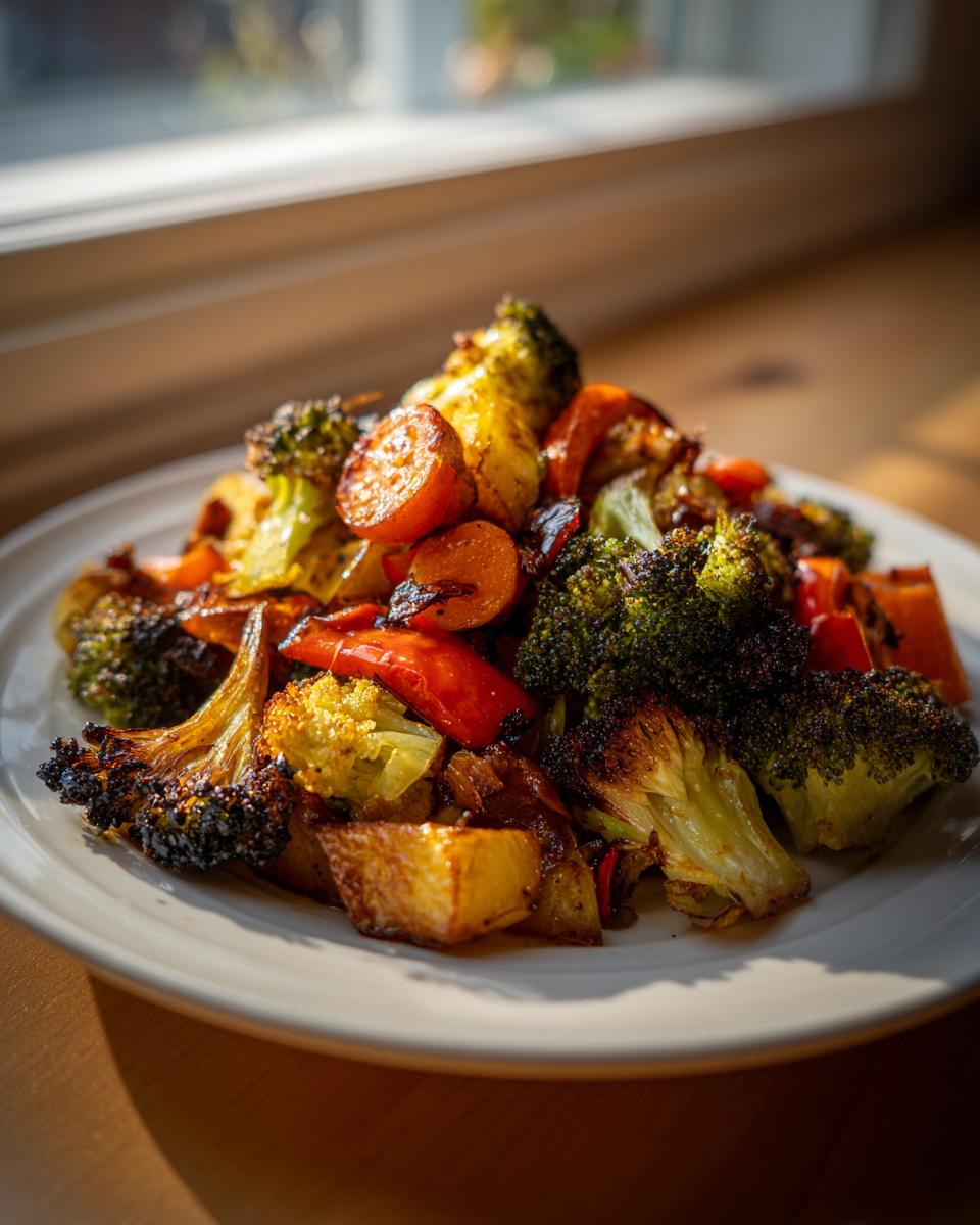 A close-up of perfectly caramelized roasted vegetables, including broccoli, carrots, and potatoes, served on a white plate.
